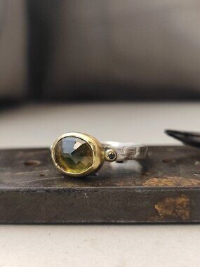 14K yellow gold & sterling silver ring with Tourmaline and Black Diamond.